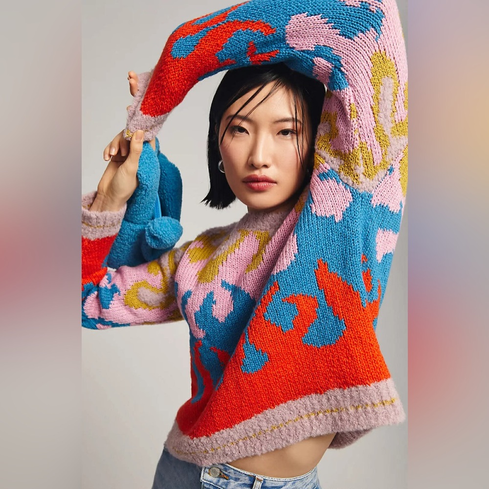 MOTHER Multicolor Abstract Colorblock Crewneck Sweater - Red, Blue, Pink